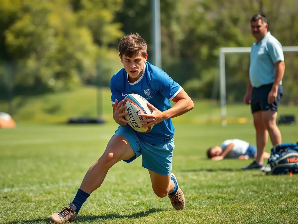 A young rugby player is shown practicing a tackling drill with focused determination, highlighting the discipline and mental fortitude required in the sport.