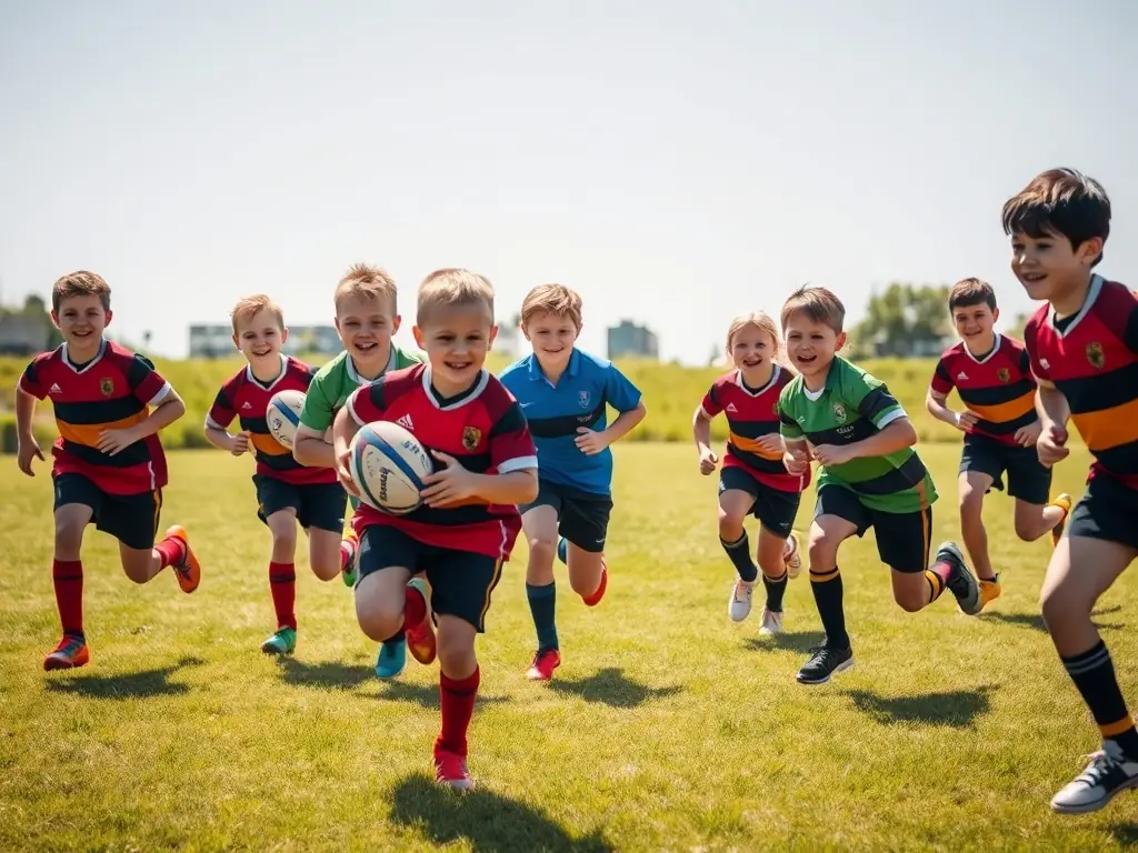 A dynamic image of young rugby players in action during a training session, showcasing their energy and enthusiasm, set against the backdrop of a well-maintained rugby field.