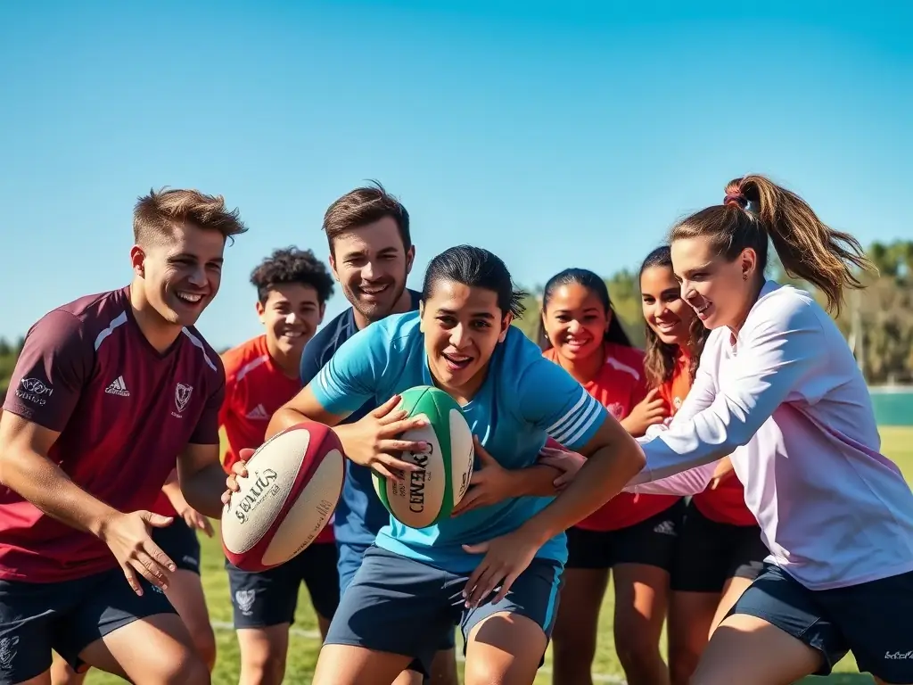 A diverse group of young rugby players are huddled together, strategizing during a break in their training session, showcasing teamwork and camaraderie.