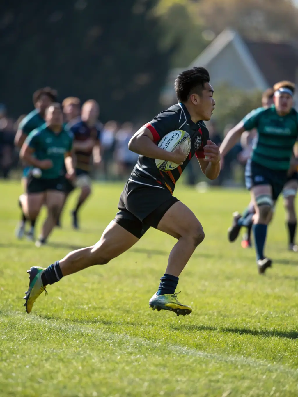 A photograph of a rugby match in progress, capturing the intensity and excitement of the game, with players in action and spectators cheering from the sidelines.