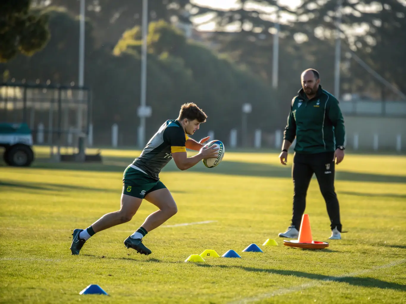 A focused image of experienced rugby coaches guiding players through advanced techniques and strategies, emphasizing the high-quality training provided by EUMBO.
