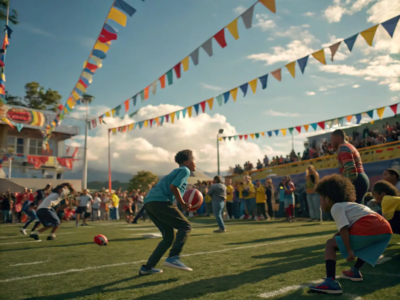 A vibrant image of a community rugby event, with families and players of all ages participating in friendly matches and activities, highlighting the inclusive nature of EUMBO.